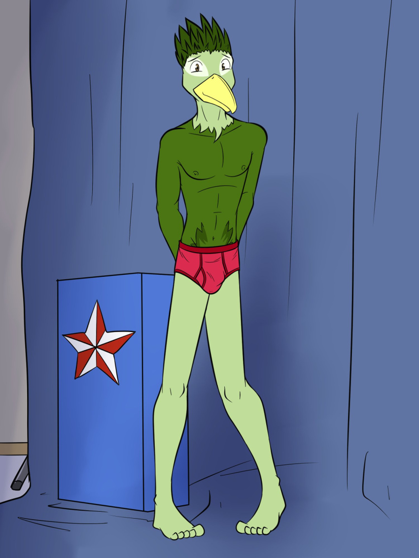 3:4 avian bulge clothed clothing fak&eacute;mon feathers fuze green_body green_feathers green_hair hair hands_behind_back hi_res male multicolored_body navel nipples pink_briefs shy solo topless two_tone_body underwear underwear_only