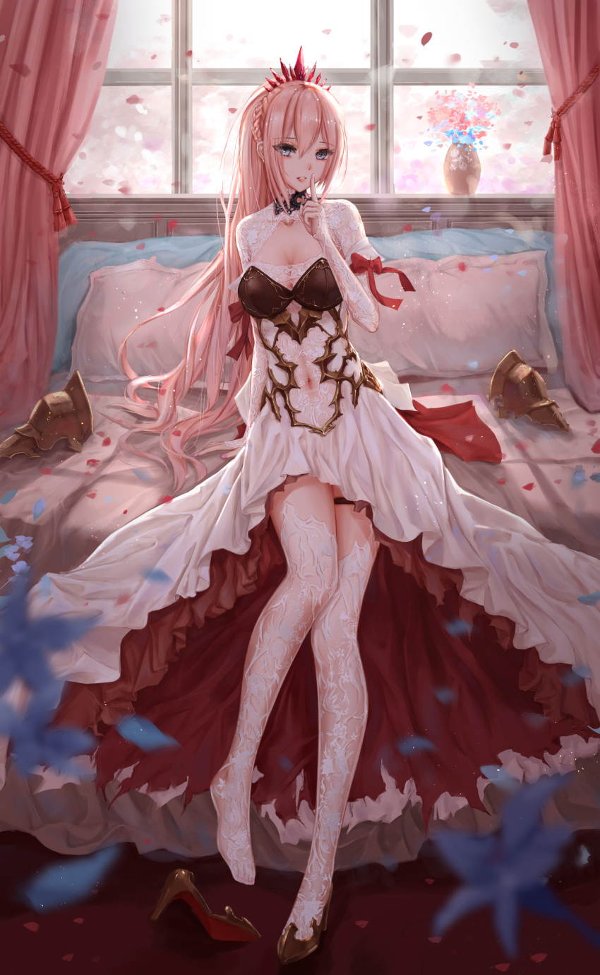 1girl absurdres bed commentary_request curtains finger_to_mouth full_body highres indoors long_hair looking_at_viewer pillow pink_hair shionne_(tales) sitting solo tales_of_(series) tales_of_arise thighhighs tiara vase white_legwear window yuzuriha