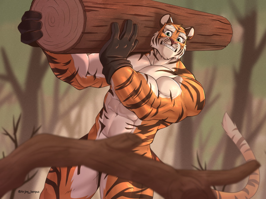 abs anjing_kampuss anthro barazoku biceps big_muscles bottomless bottomless_male bottomwear branch clothed clothing convenient_censorship dutch_angle fangs felid forest fur gloves green_eyes handwear hi_res holding_log holding_object holding_wood log looking_at_viewer lumberjack male mammal mostly_nude muscular muscular_anthro muscular_male navel open_mouth outside pantherine pants pecs plant quads sharp_teeth solo standing teeth text tiger topless topless_male tree triceps tuft wood working