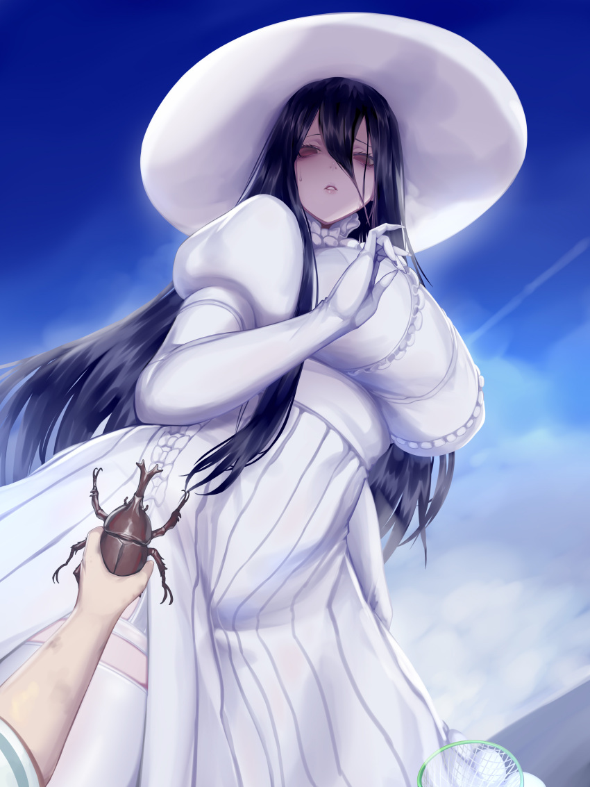 1girl 1other 2ch absurdres bangs beetle black_hair blue_sky breasts brown_eyes bug cloud commentary day dress elbow_gloves fingernails from_below garter_straps gloves hair_between_eyes hand_up hasshaku-sama hat highres holding huge_breasts kumiko_shiba long_dress long_fingernails long_hair looking_at_viewer outdoors outstretched_arm parted_lips pleated_dress pov pov_hands puffy_short_sleeves puffy_sleeves shiny shiny_hair short_sleeves side_slit sky solo_focus standing straight_hair sun_hat sundress sweat thighhighs white_dress white_gloves white_headwear white_legwear