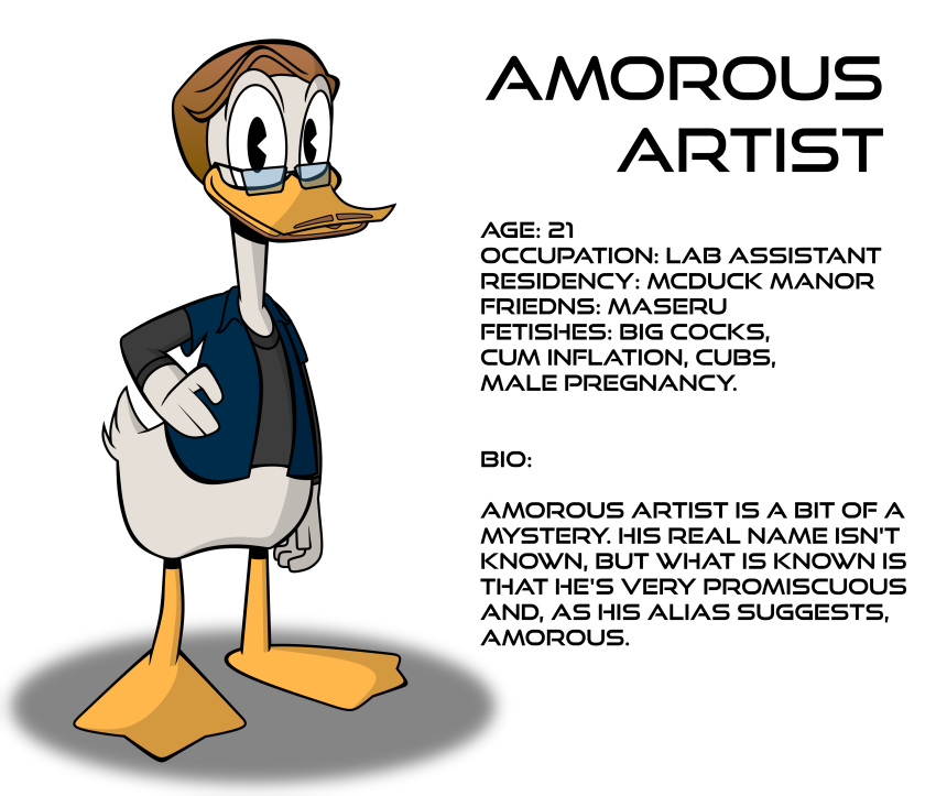 absurd_res amorousartist amorousartist(character) anatid anseriform anthro avian biography bird clothed clothing disney duck ducktales ducktales_(2017) eyewear glasses hi_res humanoid male model_sheet open_clothing open_shirt open_topwear shirt simple_background solo text topwear under_shirt white_void