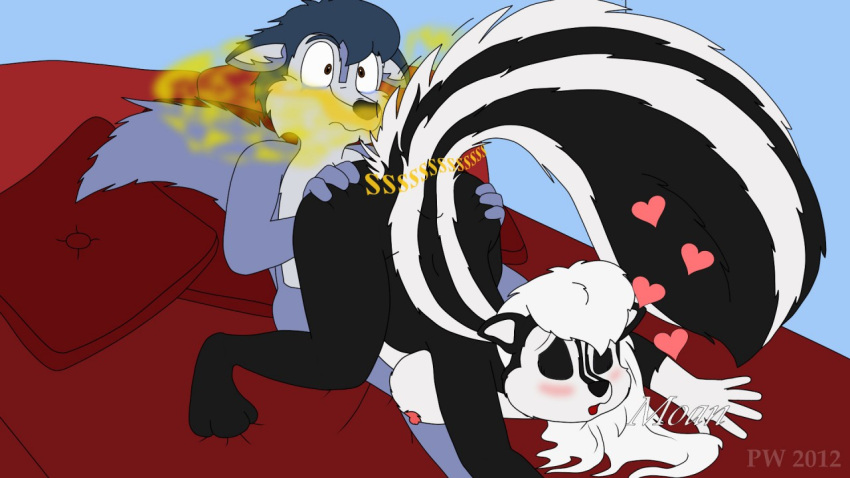 &lt;3 16:9 2012 anthro bodily_fluids breasts canid canine canis duo eyes_closed fart female female_on_top interspecies looking_pleasured lying male male/female mammal mephitid on_top raised_tail skunk skunk_spray tears wide_eyed widescreen wolf wolf75859