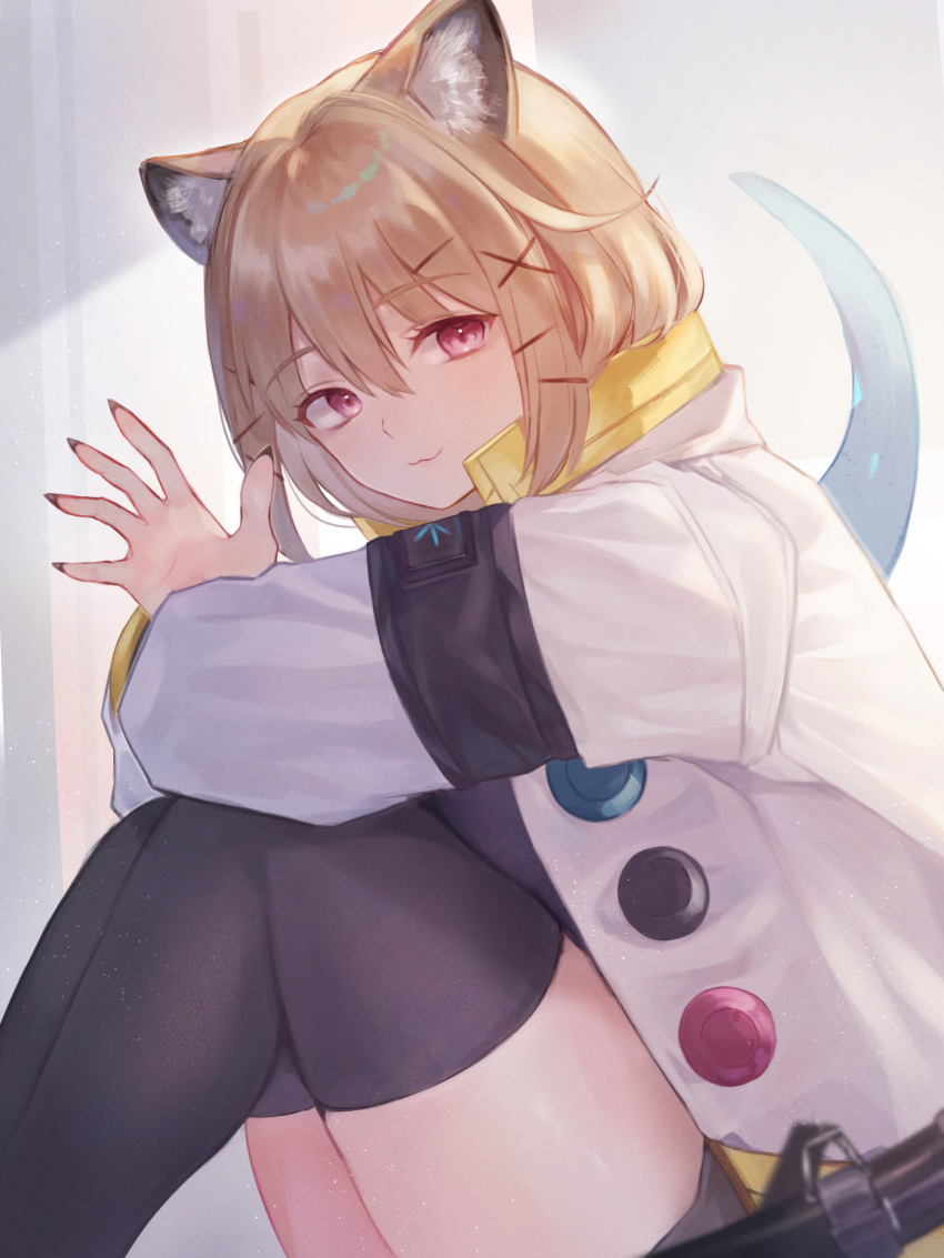 1girl :3 animal_ear_fluff animal_ears arknights arms_on_knees black_legwear black_nails blonde_hair commentary eyelashes fingernails from_side grey_shirt hair_ornament hairclip highres jacket knees_up legs_together long_fingernails looking_at_viewer looking_to_the_side nagute nail_polish navel open_clothes open_jacket purple_eyes shirt short_hair sitting smile solo thighhighs thighs utage_(arknights) waving white_jacket x_hair_ornament zettai_ryouiki