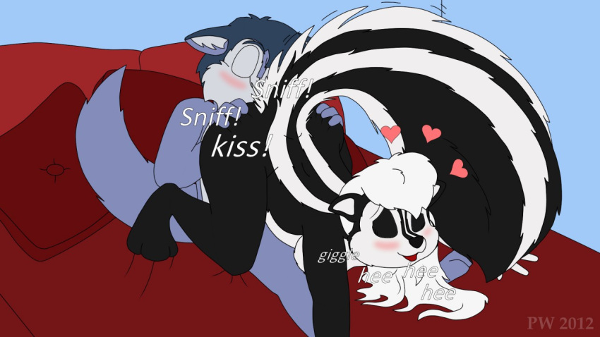 &lt;3 16:9 2012 anthro blush butt_sniffing canid canine canis cunnilingus duo eyes_closed female female_on_top giggle interspecies looking_pleasured lying male male/female mammal mephitid nude on_top oral raised_tail sex skunk sniffing vaginal widescreen wolf wolf75859