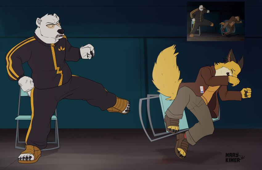 absurd_res anthro canid canine chair clothed clothing duo falling fluffy fox furniture furry hi_res invalid_tag jumpsuit mammal marykimer odd_taxi polar_bear sekiguchi_(odd_taxi) tail_fluff ursid ursine yamamoto_(odd_taxi)