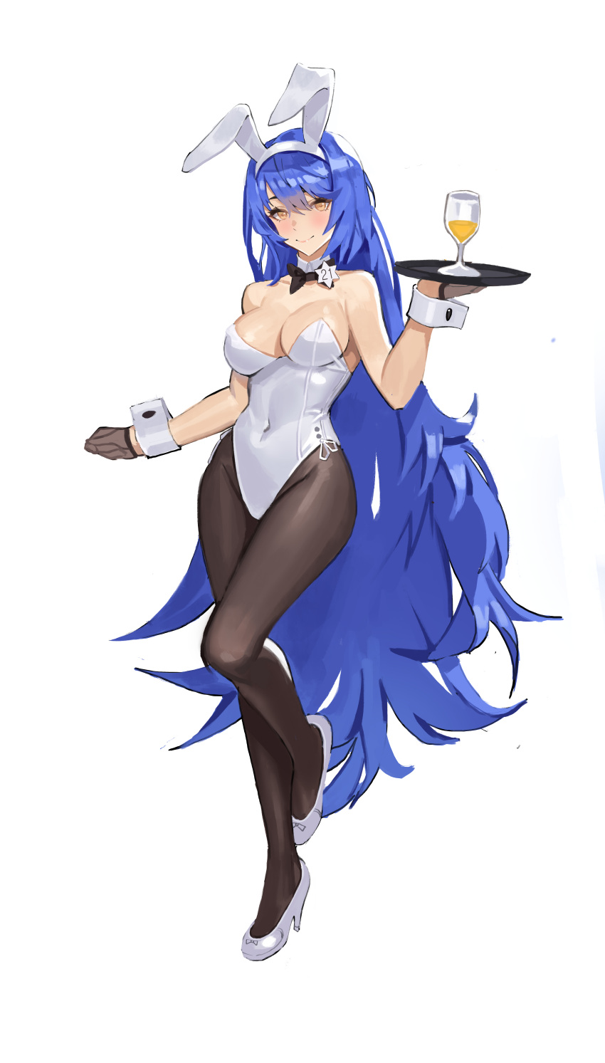 1girl absurdres animal_ears black_neckwear blue_hair bow bowtie breasts brown_legwear covered_navel cup detached_collar drink drinking_glass eyebrows_behind_hair fake_animal_ears full_body girls'_frontline hair_between_eyes hexagram high_heels highres holding holding_tray jonbur_man large_breasts leotard long_hair looking_at_viewer official_alternate_costume pantyhose playboy_bunny rabbit_ears shoes side-tie_leotard simple_background smile solo standing standing_on_one_leg star_of_david strapless strapless_leotard tar-21_(girls'_frontline) tray white_background white_footwear white_leotard wrist_cuffs yellow_eyes