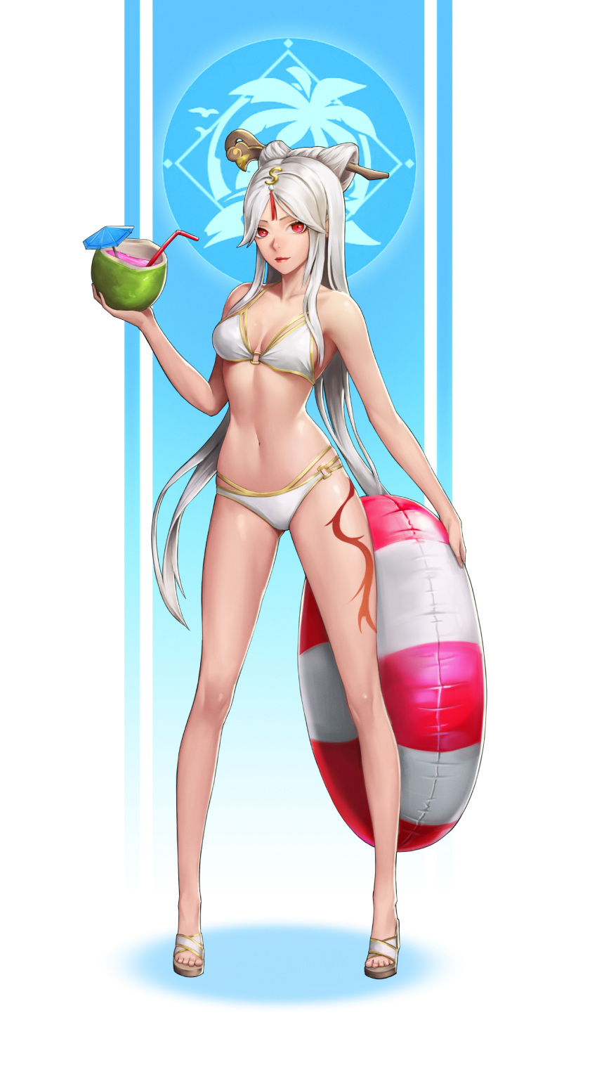 1girl absurdres bikini breasts cleavage closed_mouth coconut drinking_straw forehead full_body genshin_impact hair_ornament highres holding innertube lipstick long_hair looking_at_viewer makeup navel ningguang_(genshin_impact) red_eyes sandals simonz1987 smile solo swimsuit toes white_bikini white_hair