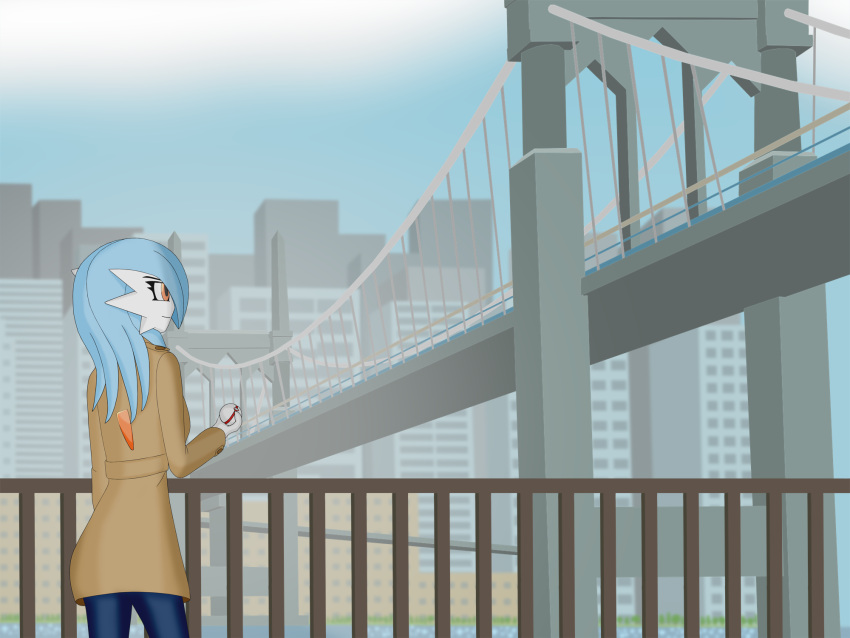 2021 alyx_(cobra0281) blue_hair bridge clothing coat cobra0281 detailed_background female gardevoir hair hi_res humanoid nintendo not_furry orange_eyes pok&eacute;ball pok&eacute;mon pok&eacute;mon_(species) sky skyscraper solo topwear trenchcoat video_games