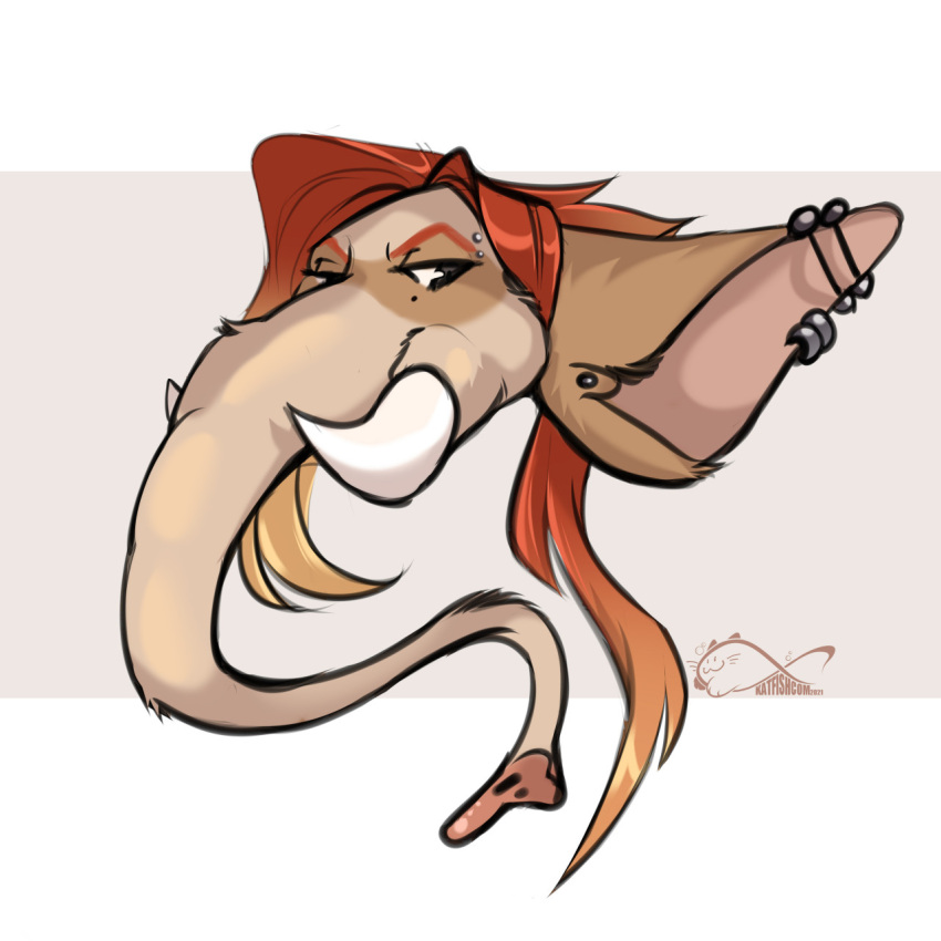 1:1 2021 ambiguous_gender anthro ear_piercing ear_ring elephantid hair headshot_portrait hi_res industrial_piercing katfishcom mammal mammoth orange_hair piercing portrait proboscidean solo tusks