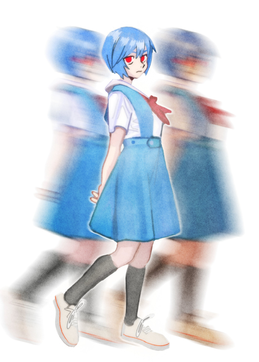 1girl absurdres arms_behind_back ayanami_rei bangs black_legwear blue_hair blue_skirt drawbuster expressionless full_body highres neon_genesis_evangelion red_eyes red_neckwear shirt shirt_tucked_in shoes short_hair skirt socks solo standing tokyo-3_middle_school_uniform_(evangelion) white_footwear white_shirt