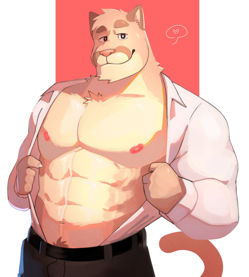 abs anthro cilok clothing cougar felid feline fur hi_res male mammal muscular muscular_anthro muscular_male nipples pecs simple_background solo