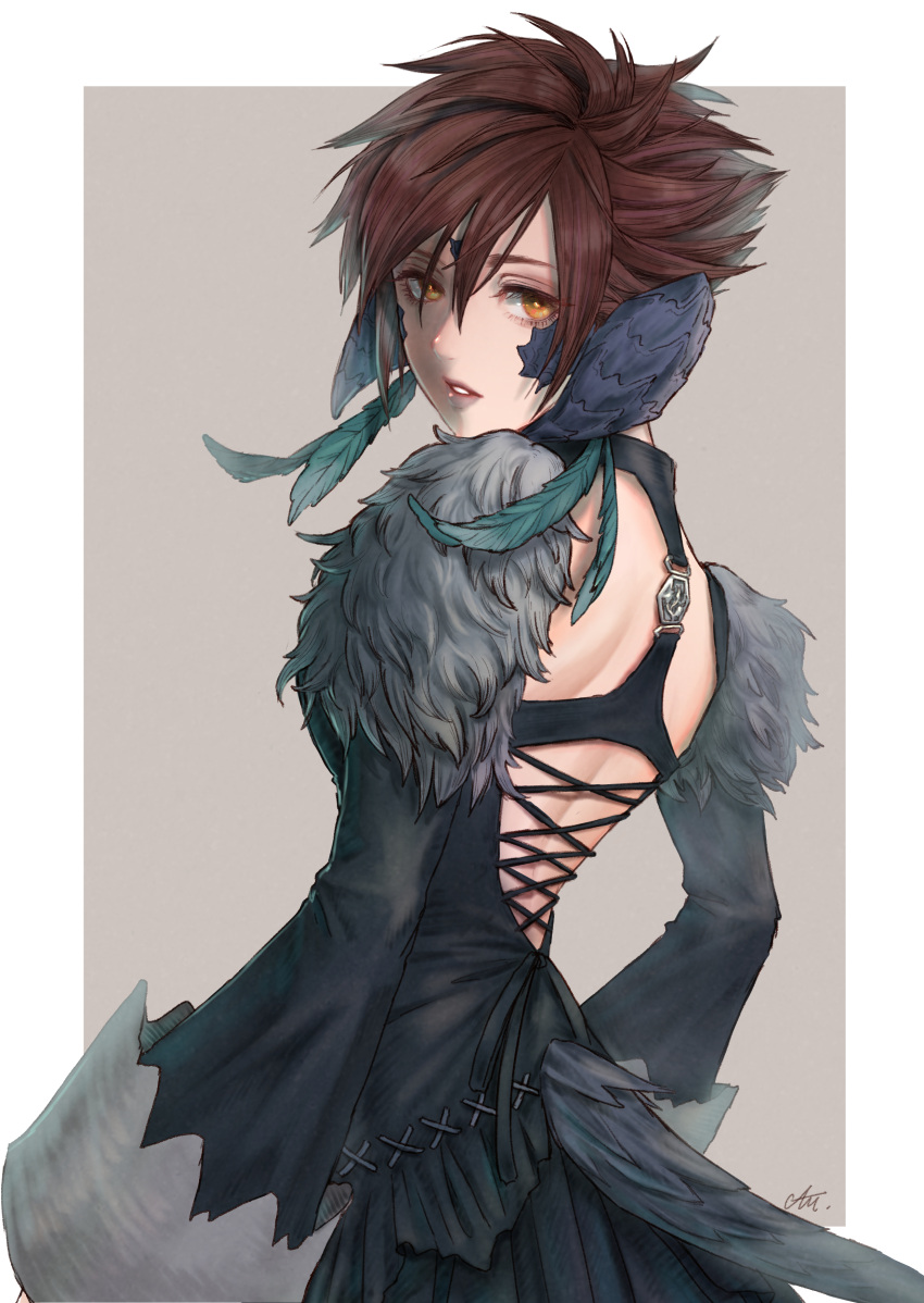 1girl absurdres au_ra back_cutout bangs black_dress brown_hair cam_(cammero95713700) clothing_cutout cosplay dragon_horns dragon_tail dress feathers final_fantasy final_fantasy_xiv frilled_dress frills fur_trim hair_ornament highres horns long_sleeves looking_back orange_eyes scales short_hair simple_background solo tail wide_sleeves y'shtola_rhul y'shtola_rhul_(cosplay)