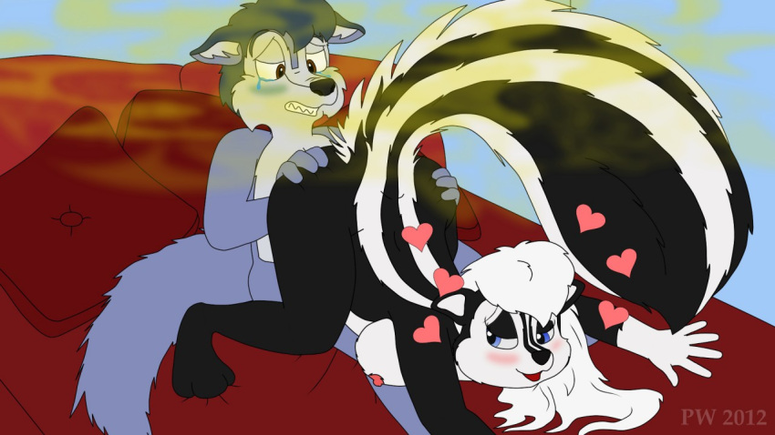 &lt;3 16:9 2012 anthro blue_eyes bodily_fluids breasts brown_eyes canid canine canis duo fart fart_cloud female female_on_top interspecies lying male male/female mammal mephitid on_top raised_tail skunk smelly tears widescreen wolf wolf75859