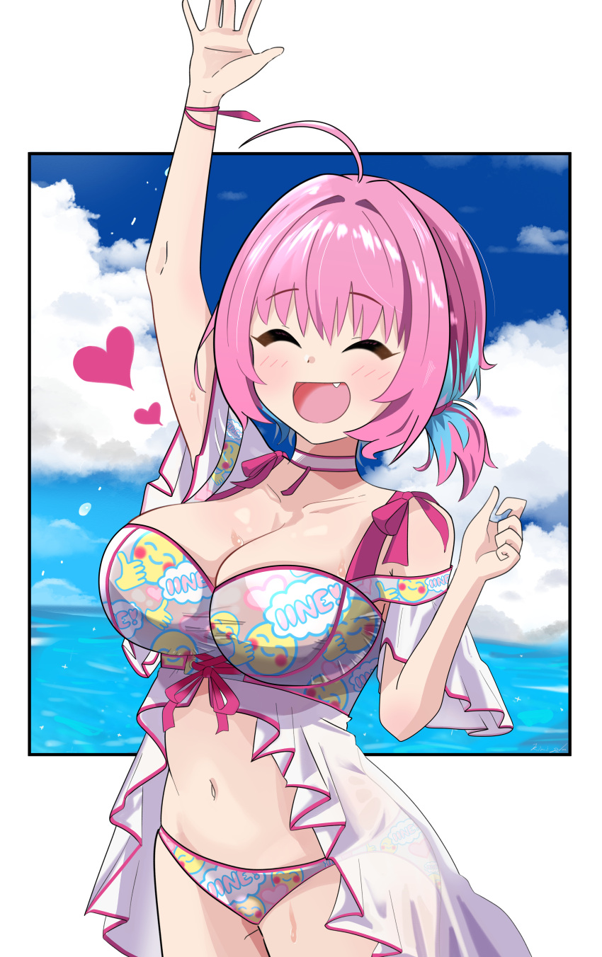 1girl absurdres ahoge arm_up bikini blue_hair blush breasts cleavage closed_eyes facing_away fang hair_intakes heart highres huge_filesize idolmaster idolmaster_cinderella_girls large_breasts low_twintails mitche multicolored_hair navel open_mouth pink_hair short_hair short_twintails smile solo swimsuit twintails yumemi_riamu