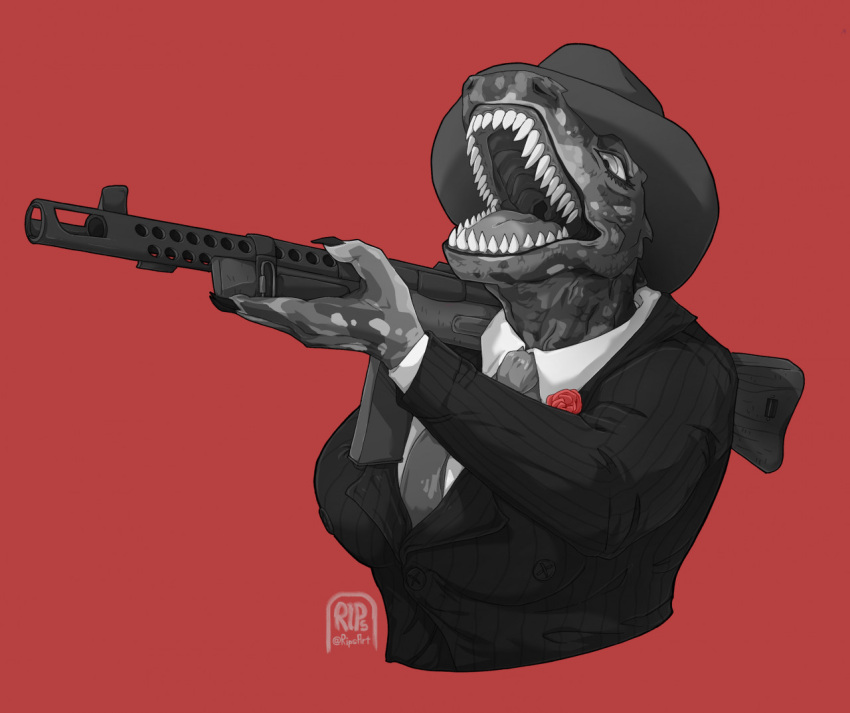 2021 anthro breasts claws clothed clothing dinosaur female flower gun hat headgear headwear holding_gun holding_object holding_weapon humor mafia meme necktie open_mouth parody plant ranged_weapon red_background reptile rips_(artist) rose_(flower) scalie sharp_teeth signature simple_background solo teeth weapon