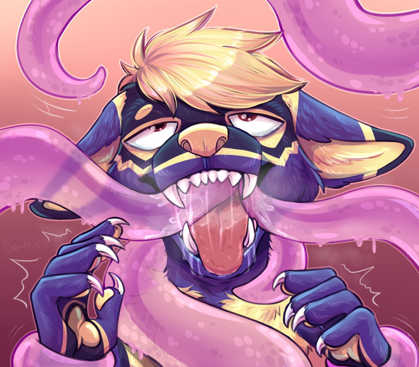 5_fingers ahegao ambiguous_gender anthro bodily_fluids breath canid canine digital_media_(artwork) dripping eye_roll fingers forced fur fur_pattern goober_mcdoober gradient_background hair half-closed_eyes hi_res looking_pleasured maleherm_(lore) mammal multiple_insertions narrowed_eyes open_mouth oral oral_penetration penetration pur-fox purple_body purple_fur restrained saliva saliva_drip saliva_on_tongue saliva_string salivating shaking simple_background solo submissive tan_body tan_fur teeth tentacle_around_neck tentacle_bondage tentacle_in_mouth tentacle_penetration tentacles tongue trembling