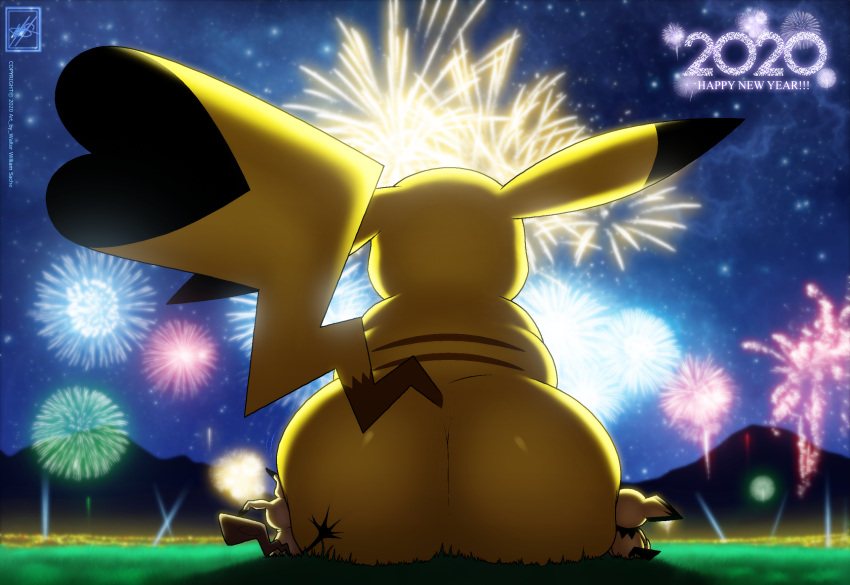 2020 absurd_res ambiguous_gender butt butt_focus cleft_tail dipstick_ears english_text fireworks group hi_res macro mimikyu multicolored_ears night nintendo pichu pikachu pok&eacute;mon pok&eacute;mon_(species) signature sitting size_difference sky star starry_sky text trio video_games walter_sache yellow_body yellow_skin