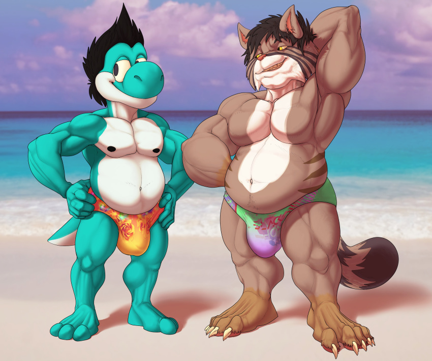 3_toes 4_toes 5_fingers absurd_res anthro barefoot beach belly biceps big_belly big_biceps big_deltoids big_eyes big_head big_pecs big_quads black_hair black_nipples blue_body blue_scales blue_sky blue_water bristol brown_arms brown_belly brown_chest brown_ears brown_eyebrows brown_feet brown_hair brown_head brown_legs brown_markings bulge cheek_tuft claws closed_smile cloud colored day deltoids digital_drawing_(artwork) digital_media_(artwork) duo ear_tuft eyebrows facial_markings facial_stripes facial_tuft fan_character feet fingers full-length_portrait green_speedo grin hair half-closed_eyes hand_behind_back hand_behind_head hands_on_hips head_markings hi_res huge_pecs humanoid_hands interspecies light looking_at_another looking_at_partner looking_away looking_to_the_side male male/male mario_bros markings multicolored_belly multicolored_body multicolored_scales muscle_size_difference musclegut muscular muscular_anthro muscular_male narrowed_eyes navel nintendo nipples open_mouth open_smile orange_speedo outside pecs pink_inner_ear pink_nose plantigrade portrait pose purple_speedo quads scales scalie sea seaside serratus shaded shadow sharp_teeth shore sky smile standing teeth three-quarter_view toes toony topless_anthro topless_male triceps tuft two_tone_belly two_tone_body two_tone_chest two_tone_scales two_tone_speedo video_games water white_belly white_body white_chest white_claws white_head white_scales yellow_eyes yellow_speedo yoshi