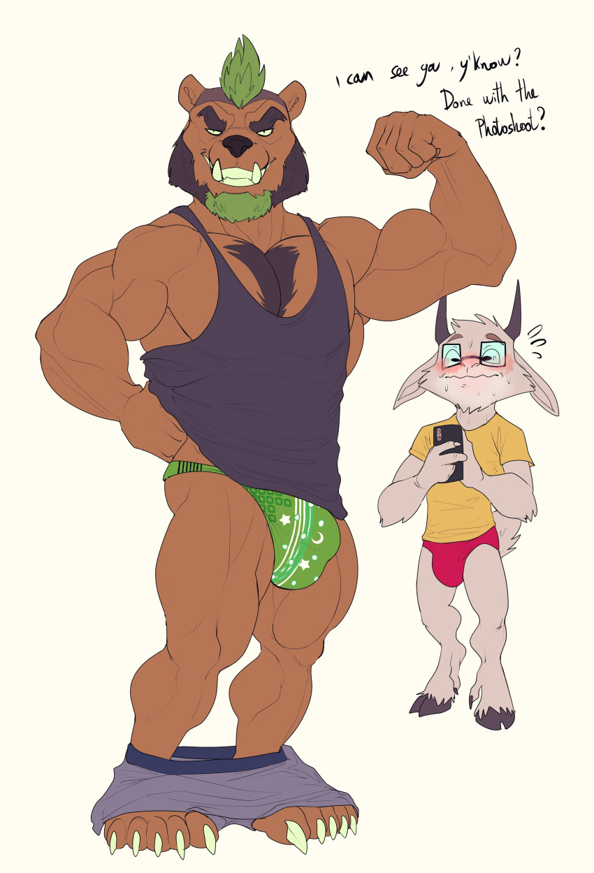 5_fingers 5_toes absurd_res anthro arm_tuft barefoot big_biceps big_bulge big_deltoids big_ears big_muscles big_pecs big_quads big_triceps black_clothing black_hooves black_horn black_shirt black_tank_top black_topwear blue_bottomwear blue_clothing blue_shorts blush bodily_fluids bottomwear bovid bristol brown_body brown_eyebrows brown_fur bulge butt caprine caught cheek_tuft claws closed_frown clothed clothed_anthro clothed_male clothing dialogue digital_drawing_(artwork) digital_media_(artwork) duo ears_down embarrassed english_text eyebrows facial_tuft feet fingers flat_colors flexing flexing_bicep full-length_portrait fur goat green_hair green_speedo hair hi_res holding_object holding_phone hooves horn huge_pecs humanoid_hands interspecies larger_anthro larger_male leg_tuft male male/male mammal manly mohawk muscle_size_difference muscular nervous open_mouth open_smile partially_clothed pecs phone pivoted_ears plantigrade portrait pose red_speedo shirt shorts shorts_down simple_background size_difference smaller_anthro smaller_male smile standing surprise sweat tail_tuft tank_top text three-quarter_view toes toony topwear tuft tusks two_tone_speedo ursid wearing_glasses white_background white_body white_claws white_fur white_speedo yellow_clothing yellow_shirt yellow_topwear