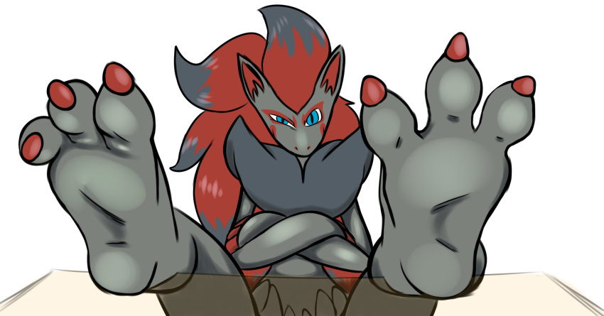 3_toes ambiguous_gender anthro blazemm008_(artist) blue_eyes canid canine claws crossed_arms feet finger_claws foot_fetish foot_focus fur glass glass_table grey_body grey_fur hair hi_res legs_up long_hair looking_at_viewer mammal multicolored_body multicolored_hair nintendo paws pok&eacute;mon pok&eacute;mon_(species) pupils red_claws red_hair simple_background sitting slit_pupils smile smug soles solo spread_toes toe_claws toes video_games zoroark