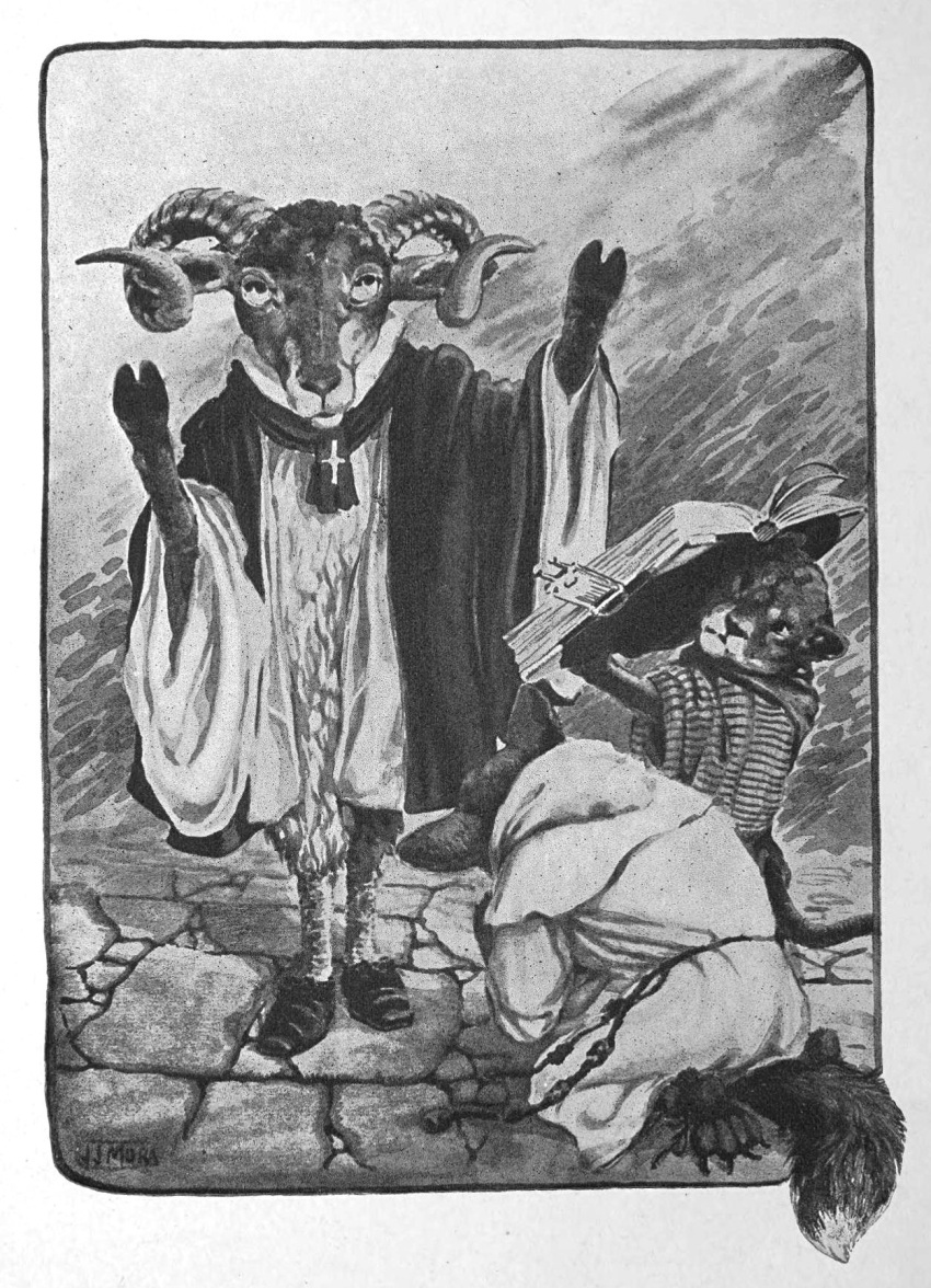 1920 20th_century ancient_furry_art anthro barefoot biped book bovid canid canine caprine claws clothed clothing dipstick_tail feet felid footwear fox greyscale group hi_res holding_book holding_object hoof_hands horn joseph_jacinto_mora kneeling male mammal monochrome multicolored_tail pawpads paws public_domain reynard_the_fox shoes signature standing text toe_claws traditional_media_(artwork)