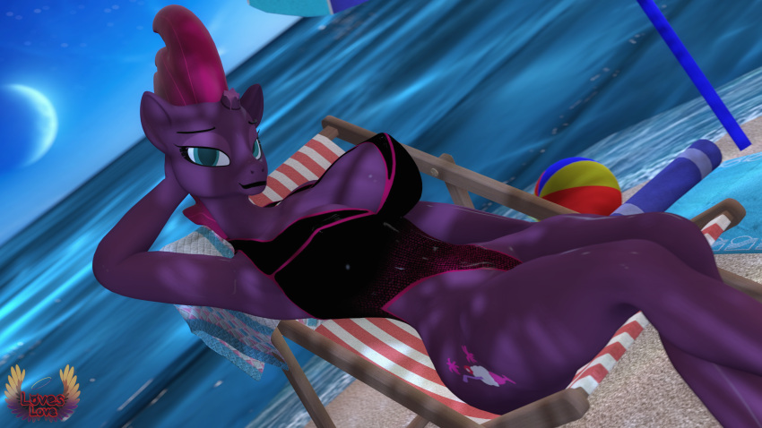 16:9 3d_(artwork) 4k absurd_res beach blue_eyes breasts broken_horn cleavage clothed clothing cutie_mark digital_media_(artwork) equid equine female friendship_is_magic hasbro hi_res horn looking_at_viewer loveslove mammal moon my_little_pony my_little_pony:_the_movie_(2017) one-piece_swimsuit sea seaside solo swimwear tempest_shadow_(mlp) unicorn water widescreen
