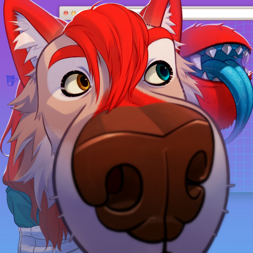 1:1 anthro blue_eyes blueteaa boop canid canine canis female fur goofy_smile hair heterochromia hi_res legend_of_ahya mammal nose_boop red_body red_fur red_hair solo tail_maw tail_mouth taylor_renee_wolford_(darkflamewolf) tongue tongue_out wolf yellow_eyes