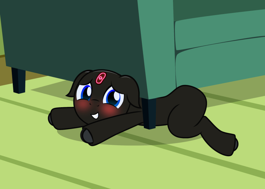 animate_inanimate badumsquish blue_eyes blush cleaning_tool equid equine fan_character female furniture hasbro hi_res horse looking_at_viewer mammal my_little_pony pony roomba roomba_pony sofa solo stick vacuum_cleaner wheels