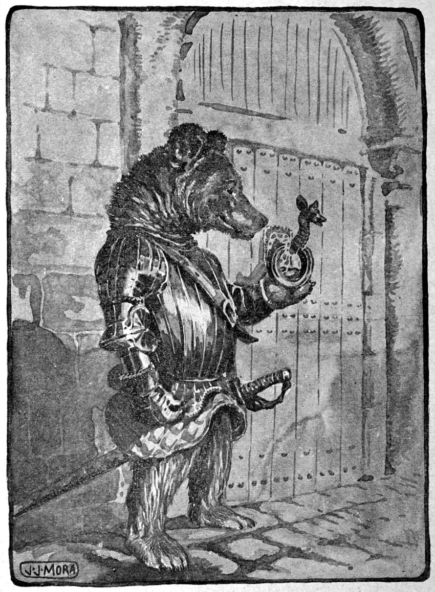 1920 20th_century ancient_furry_art anthro armor barefoot biped breastplate brown_bear bruin_(reynard_cycle) clothed clothing detailed_background door feet gauntlets gloves greyscale handwear hi_res joseph_jacinto_mora male mammal melee_weapon monochrome plantigrade plate_armor public_domain scabbard solo sword traditional_media_(artwork) ursid ursine weapon