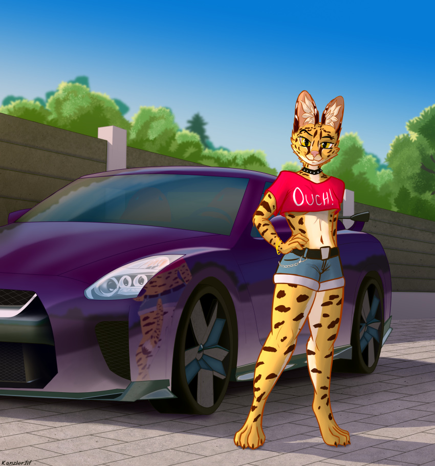 absurd_res anthro big_ears blue_sky bottomwear car choker clothed clothing concrete_wall crop_top cutoffs day denim denim_clothing felid feline female fence hand_on_hip hannah_(kanzlerjif) hi_res inner_ear_fluff jewelry kanzlerjif looking_at_viewer mammal necklace nissan nissan_gtr open_clothing plant reflection serval shirt shorts shrub sky slim solo topwear tree tuft vehicle wall_(structure) yellow_eyes