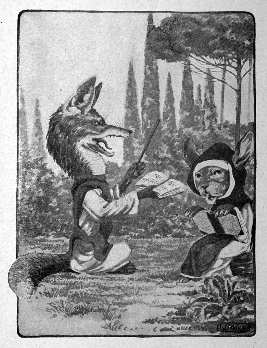 1920 20th_century ancient_furry_art anthro biped book canid canine clothed clothing duo fox fully_clothed furgonomics greyscale hi_res holding_book holding_object joseph_jacinto_mora lagomorph leporid long_ears male mammal monochrome open_mouth outside plant public_domain reynard_the_fox side_view sitting teaching tongue traditional_media_(artwork) tree