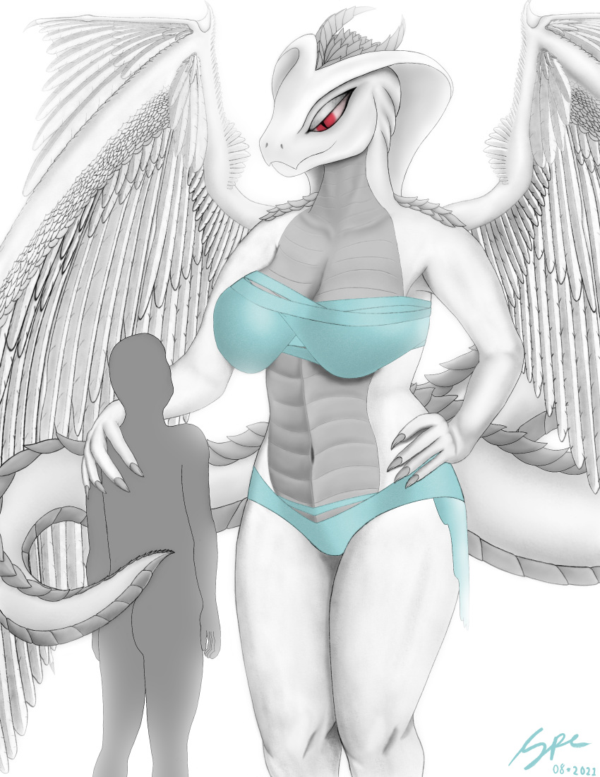 2021 2_horns 5_fingers absurd_res albino anon anthro arm_spikes bedroom_eyes big_breasts big_wings bikini biped blue_bikini blue_clothing blue_swimwear breasts claws clothed clothing countershade_breasts countershade_neck countershade_scales countershade_tail countershade_torso countershading curved_horn dated detailed detailed_feathers digital_drawing_(artwork) digital_media_(artwork) dragon duo eyelashes eyeshadow fangs feathered_wings feathers female finger_claws fingers glowing glowing_background grey_body grey_claws grey_countershading grey_horn grey_scales hand_on_hip hand_on_shoulder hi_res horn huge_breasts human humanoid_hands larger_anthro larger_female long_tail looking_at_another looking_down looking_up makeup male male/female mammal membrane_(anatomy) midriff narrowed_eyes navel non-mammal_breasts non-mammal_navel pink_sclera pupils red_eyes scales scalie seductive selena_illyana shaded shoulder_spikes signature silhouette simple_background size_difference slit_pupils smaller_human smaller_male smile snake_hood snout soft_shading spe spiked_tail spikes spikes_(anatomy) standing strapless_bikini strapless_clothing strapless_swimwear swimwear thick_thighs western_dragon white_background white_body white_scales wide_hips wing_claws wings