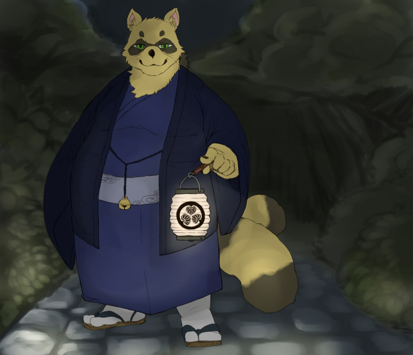 2016 anthro belly big_belly brown_body brown_fur canid canine clothing detailed_background donguri fur green_eyes humanoid_hands kemono male mammal night outside overweight overweight_male raccoon_dog robe sengoku_puzzle solo tanuki tokugawa_ieyasu video_games