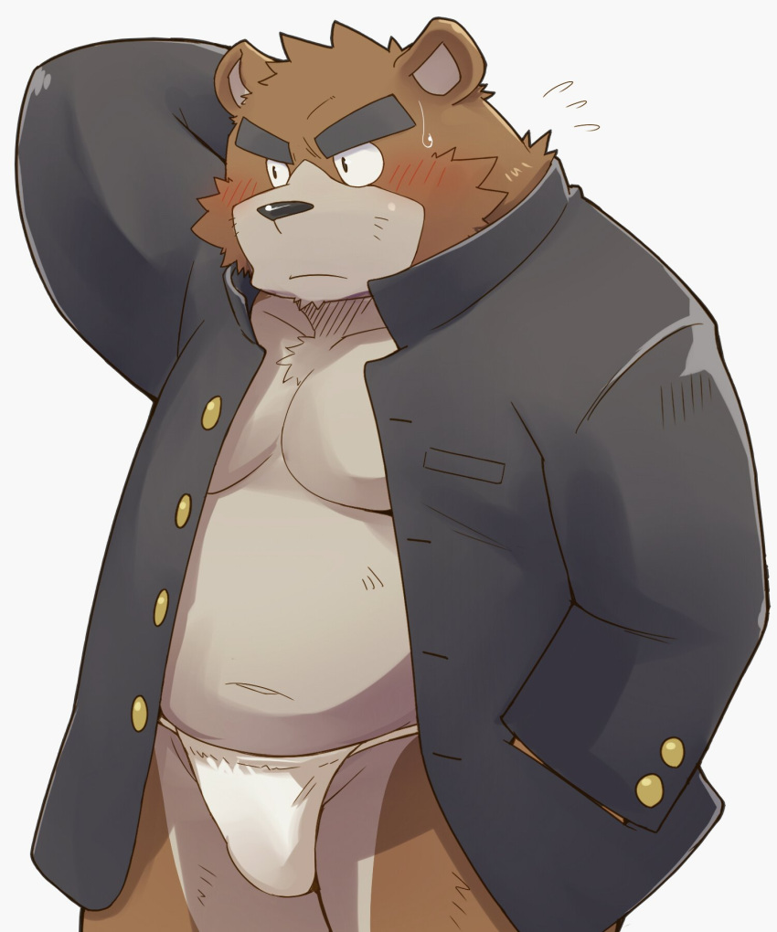 2016 5:6 anthro asian_clothing belly black_nose blush brown_body brown_fur clothing east_asian_clothing fundoshi fur hi_res japanese_clothing kemono male mammal moobs navel overweight overweight_male shiike999 simple_background solo underwear ursid white_background white_clothing white_fundoshi white_underwear