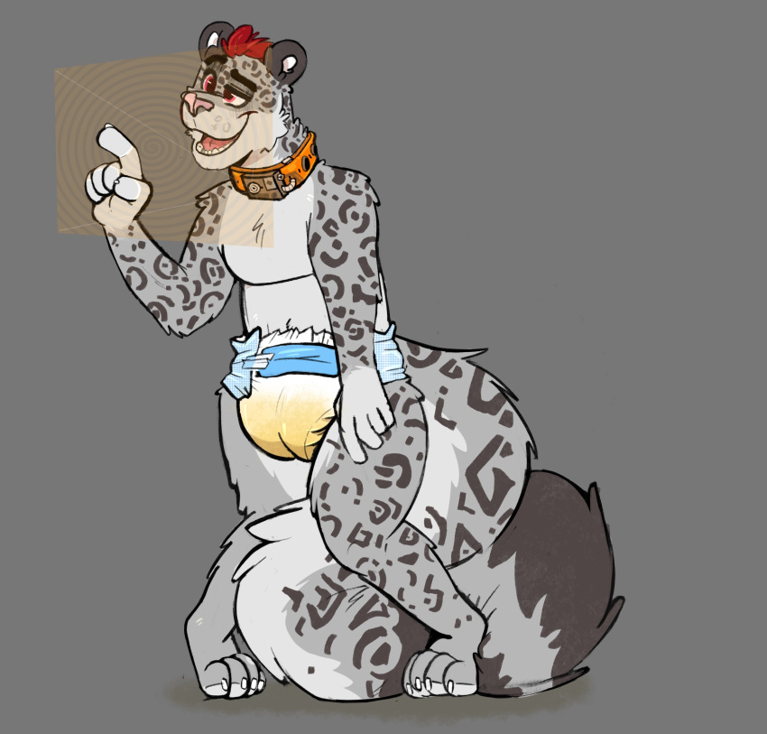 2021 4_toes 5_fingers anthro big_tail biped bodily_fluids bottlebear claws clothed clothing collar diaper digital_drawing_(artwork) digital_media_(artwork) feet felid fingers fur genital_fluids grey_background grey_body grey_fur hair hi_res hypnosis male mammal mind_control mortimer_snep orange_collar pantherine red_eyes red_hair simple_background snow_leopard solo spiral toe_claws toes topless urine wet_diaper wetting