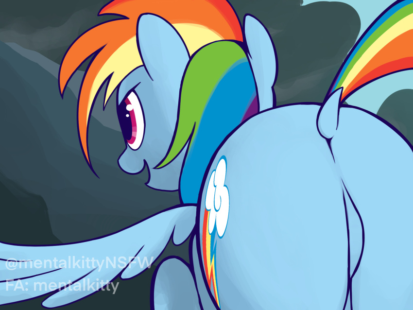 4:3 ass_up blue_body blue_fur butt butt_focus cloud colored cutie_mark digital_media_(artwork) digital_painting_(artwork) dock equid equine featureless_crotch female feral flying friendship_is_magic fur hair hasbro hi_res horse landscape mammal mentalkitty mountain multicolored_hair my_little_pony on_model pegasus pony purple_eyes rainbow_dash_(mlp) rainbow_hair redraw smoke solo unfinished wings