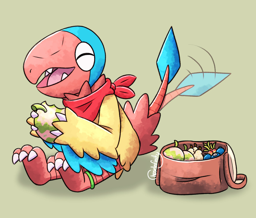 3_toes archen avian bandanna beak bird bracelet brown_satchel chaseinfinity claws clothing eating_food eyes_closed fangs feather_tuft feathers feet feral fossil_pok&eacute;mon green_bracelet happy hi_res jewelry kerchief leppa_berry male multicolored_body multicolored_feathers nintendo open_mouth oran_berry pok&eacute;mon pok&eacute;mon_(species) red_bandanna red_kerchief satchel sitrus_berry solo spade_tail tailwag talons toes tongue tuft video_games watmel_berry wings