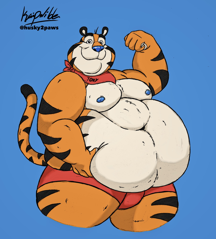 absurd_res anthro ascot belly belly_grab belly_rub big_belly bloated_belly boxers_(clothing) boxers_only bulge chubby_cheeks clothing felid feline flexing_bicep frosted_flakes fur hi_res kaiipwilde_(artist) kellogg's male mammal mascot moobs navel nipples obese obese_anthro obese_male overweight overweight_anthro overweight_male pantherine simple_background soft solo striped_body striped_fur striped_tail stripes thick_thighs tiger tony_the_tiger underwear