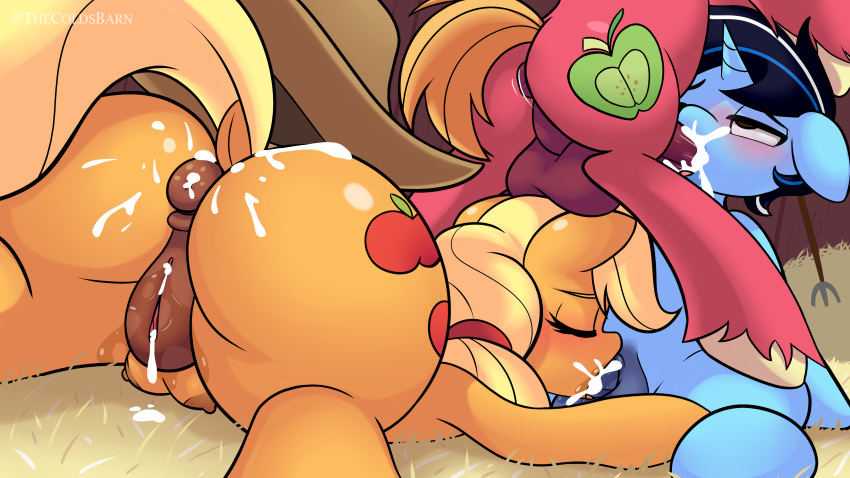 absurd_res applejack_(mlp) balls big_macintosh_(mlp) bisexual bodily_fluids brother brother_and_sister cum equid equine fellatio female feral feral_on_feral friendship_is_magic genital_fluids genitals group group_sex hi_res horn male male/female male/male male_penetrated male_penetrating male_penetrating_male mammal my_little_pony oral penetration penile penis pussy semi_incest sex sibling sister teats thecoldsbarn threesome unicorn