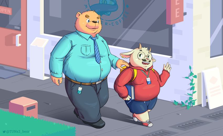 2021 anthro black_nose blue_eyes book bottomwear bovid brown_body brown_fur caprine clothing detailed_background duo eyewear fur glasses goat green_eyes hi_res hoodie humanoid_hands kemono male mammal necktie outside overweight overweight_male pants shirt shorts topwear tunx2