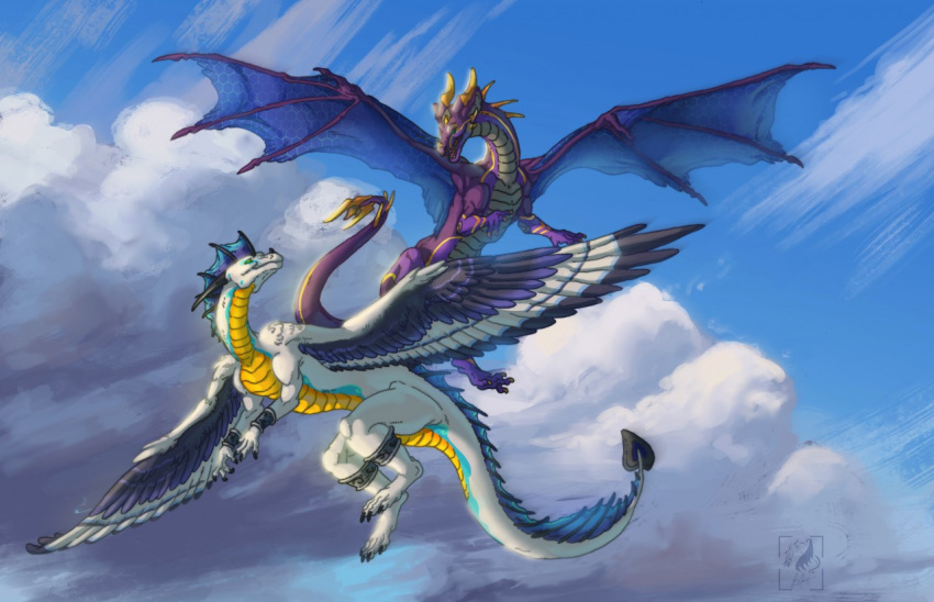 ambiguous_gender belly dragon duo feathered_wings feathers feradami feral frill_(anatomy) membrane_(anatomy) membranous_frill membranous_wings neffertity purple_body spread_wings thick_tail white_body wings yellow_belly