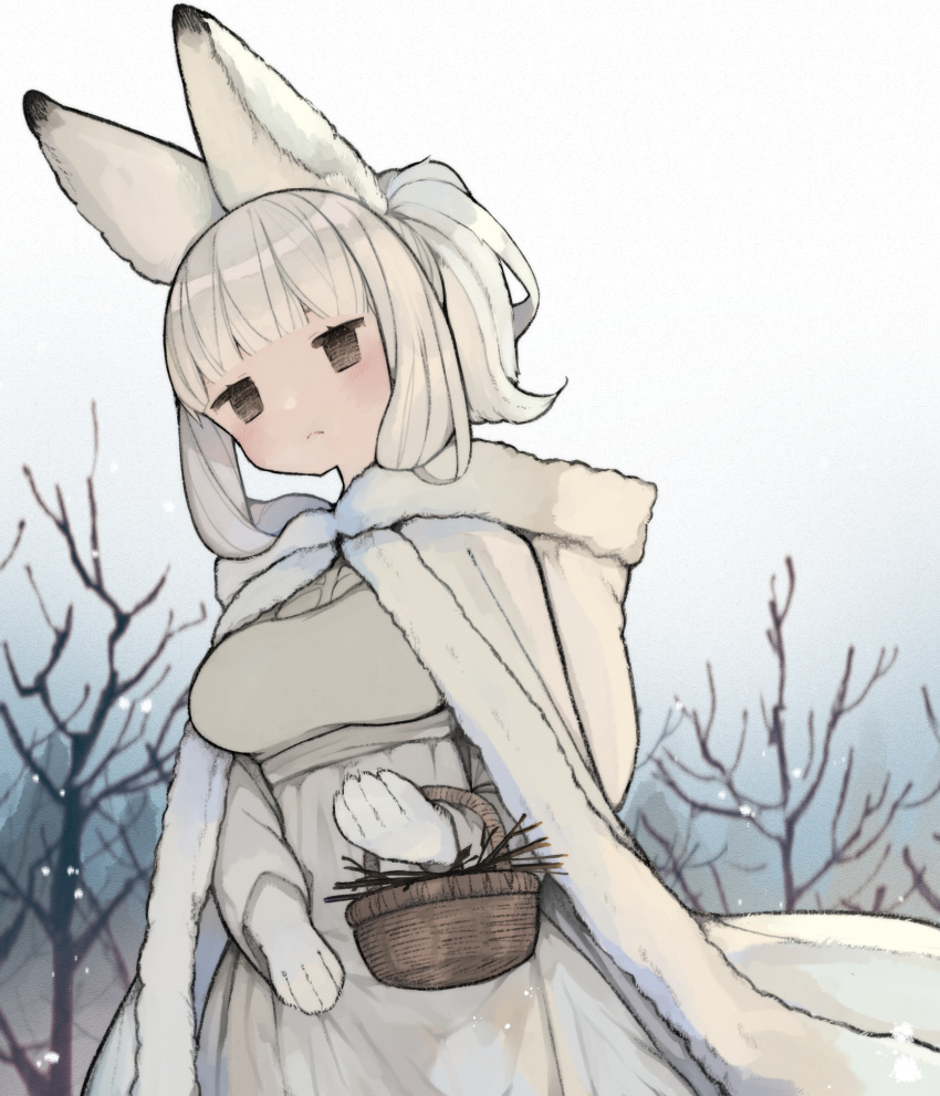 4_fingers anthro basket biped black_eyes blush female fingers fur fur_coat hair hi_res lagomorph leporid looking_at_viewer mammal plant rabbit sakutake sky snow solo stick tree white_body white_fur white_hair winter