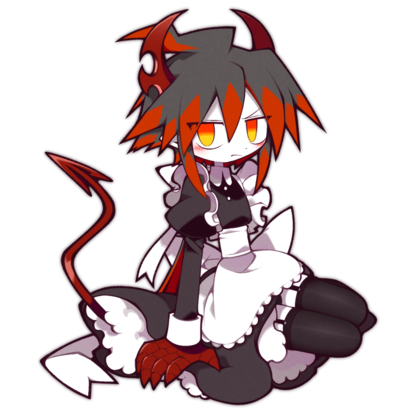 ahoge black_clothing black_hair black_legwear black_stockings blush claws clothed clothing deep_sea_prisoner demon demon_humanoid funamusea garter_straps girly hair highlights_(coloring) horn humanoid humanoid_pointy_ears ivlis kneeling legwear looking_at_viewer maid_apron maid_uniform male not_furry red_claws red_highlights red_horn red_tail simple_background solo spade_tail stockings the_gray_garden uniform white_background white_body white_skin yellow_eyes