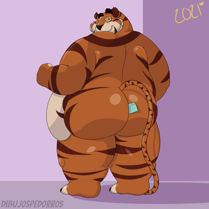 1:1 2021 anthro biped blush butt dibujospedorros felid hi_res male mammal orange_body overweight overweight_male pantherine simple_background solo tiger