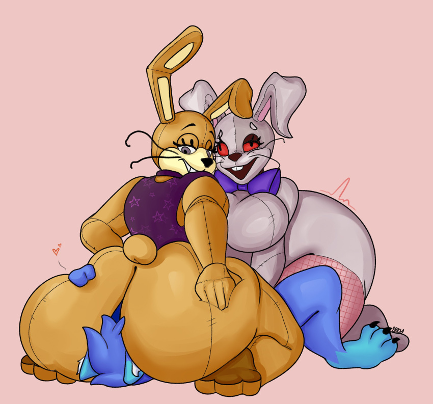 &lt;3 2021 absurd_res anthro big_breasts big_butt blue_body blue_hair breasts butt facesitting female five_nights_at_freddy's girly glitchtrap group hair hi_res huge_breasts huge_butt lagomorph leporid male male/female male/male mammal purple_eyes rabbit red_eyes spicysausages trio vanny_(fnaf) video_games white_body yellow_body