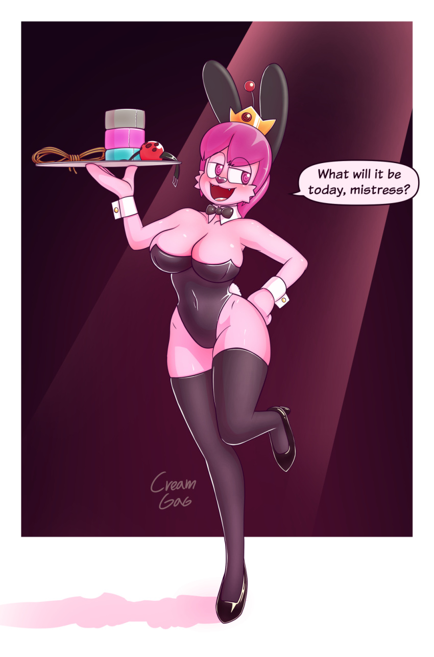 anthro ball_gag bunny_costume clothing costume creamgag crown domestic_cat english_text fake_ears felid feline felis female gag grace_(creamgag) hand_on_hip hi_res high_heels hypnosis legwear mammal mind_control open_mouth rope snaggle_tooth solo spiral_eyes text thigh_highs tray