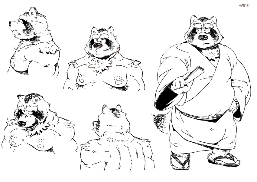 2011 anthro belly canid canine clothing footwear kemono male mammal mature_male model_sheet moobs motogen multiple_poses nipples overweight overweight_male pose raccoon_dog robe sandals simple_background solo tanuki white_background