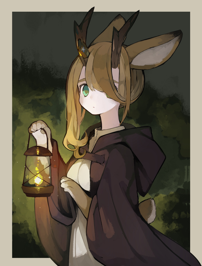 absurd_res anthro antlers biped brown_hair clothed clothing female green_eyes hair hi_res holding_object horn lagomorph lamp leporid looking_at_viewer mammal one_eye_obstructed rabbit robe sakutake solo translucent translucent_hair