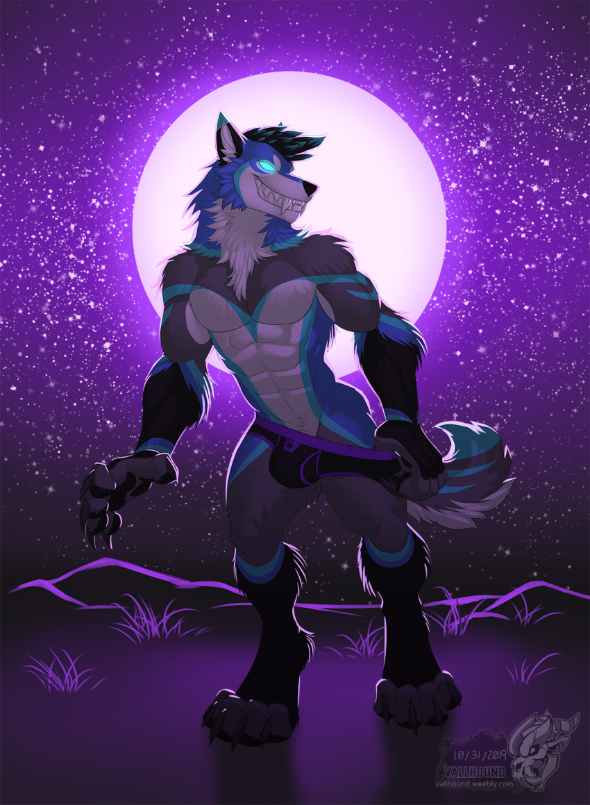 anthro bulge canid canine canis clothing full_moon halloween hi_res holidays jockstrap male mammal moon paws phantom_wuff solo underwear vallhund were werecanid werecanine werewolf wolf