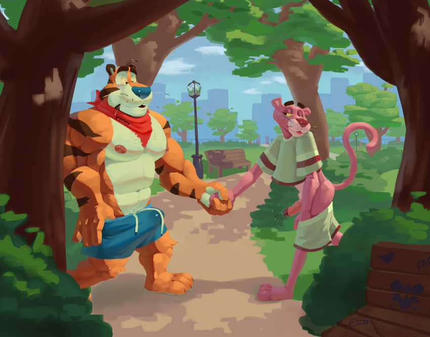 anthro archiblender bottomwear bulge clothing duo felid frosted_flakes genitals hand_holding hi_res kellogg's male male/male mammal mascot outside pantherine penis pink_panther shorts tiger tony_the_tiger